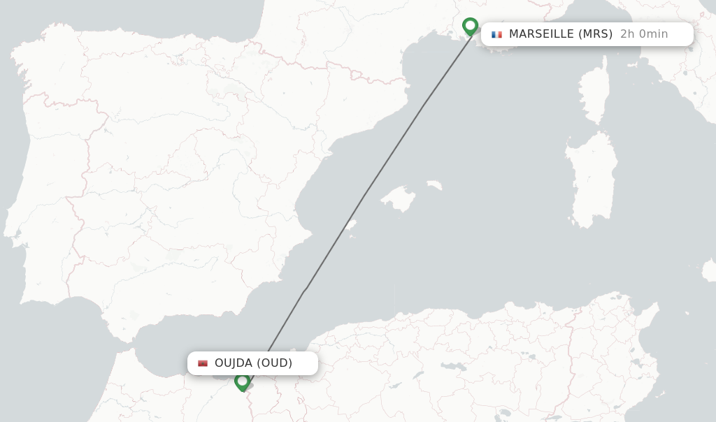 Flights from Oujda to Marseille route map