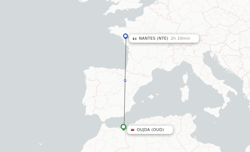 Flights from Oujda to Nantes route map