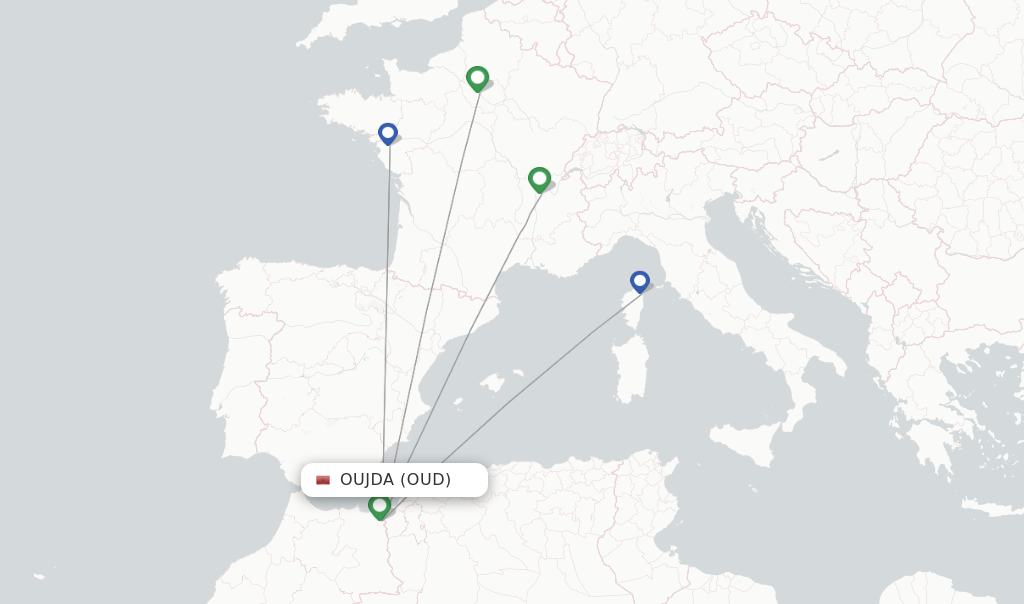 Route map with flights from Oujda with Transavia France