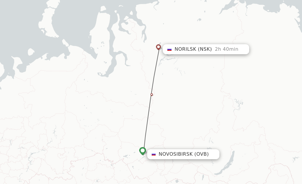 Flights from Novosibirsk to Norilsk route map