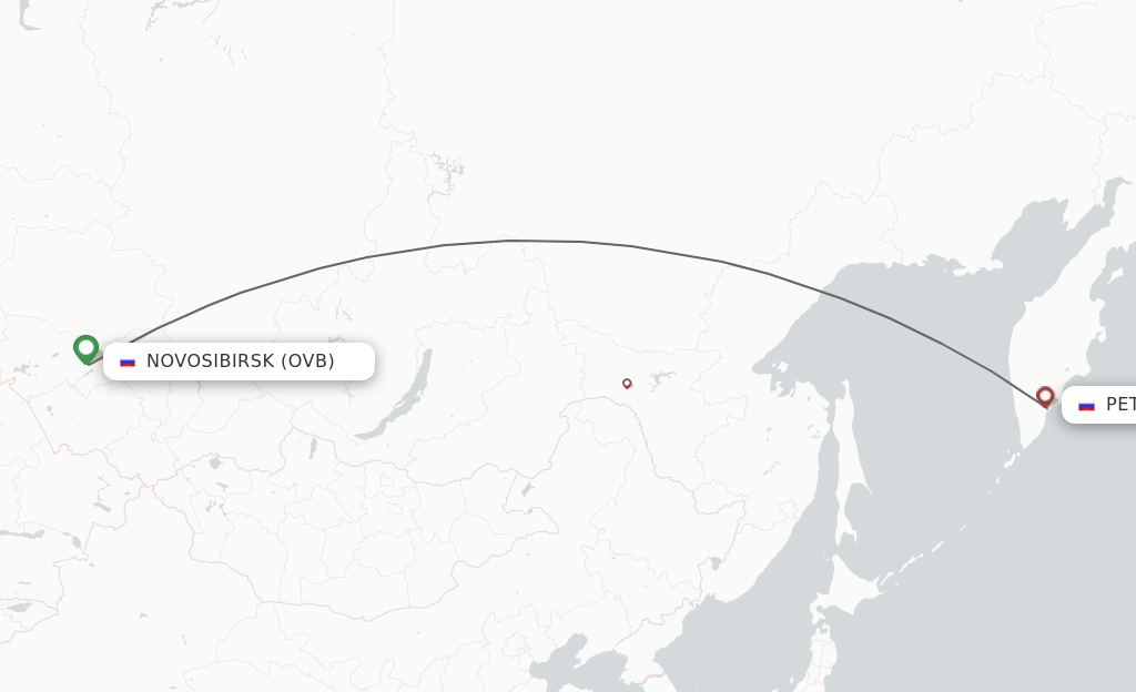 Flights from Novosibirsk to Petropavlovsk-Kamchatsky route map