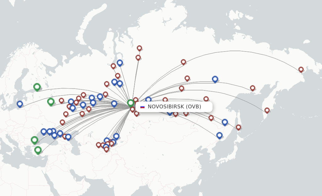 Route map with flights from Novosibirsk with S7 Airlines
