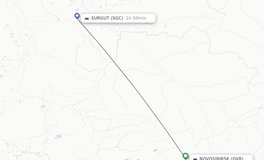 Flights from Novosibirsk to Surgut route map