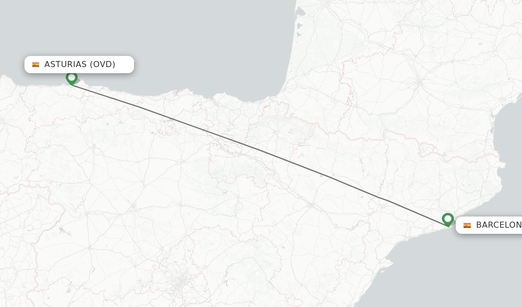 Flights from Asturias to Barcelona route map