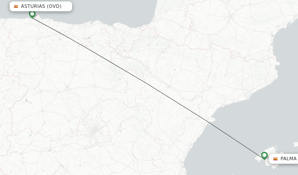 Flights from Asturias to Palma de Mallorca route map