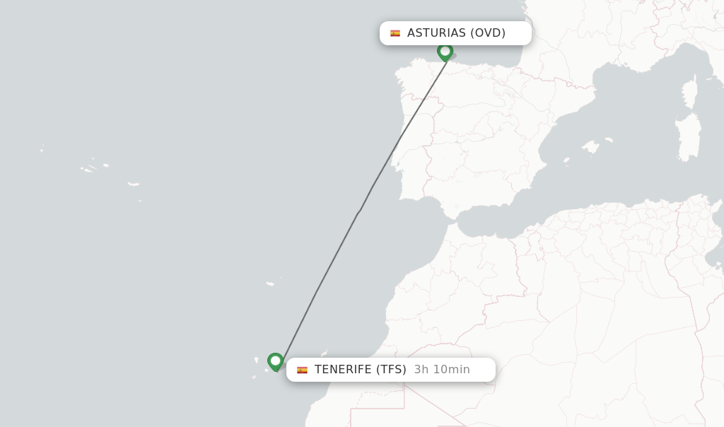 Flights from Asturias to Tenerife route map