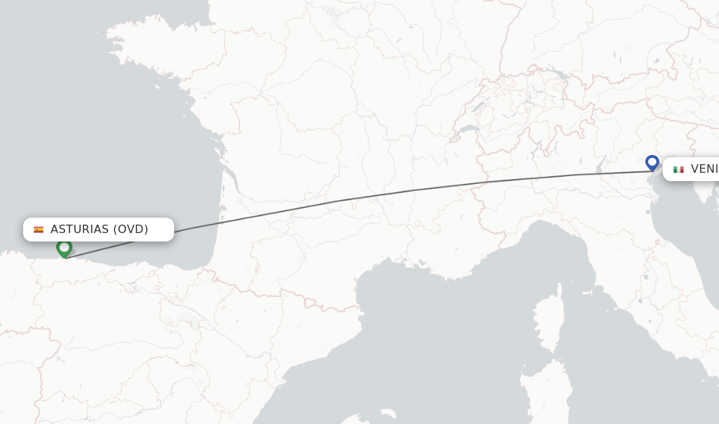 Flights from Asturias to Venice route map