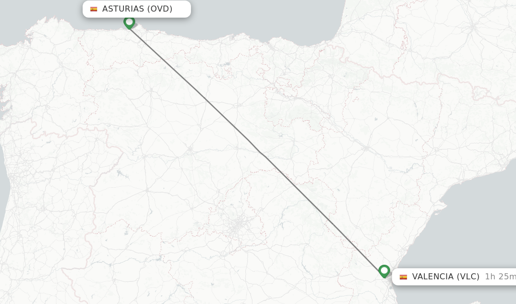 Flights from Asturias to Valencia route map