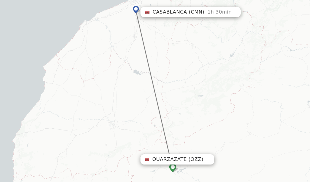 Flights from Ouarzazate to Casablanca route map