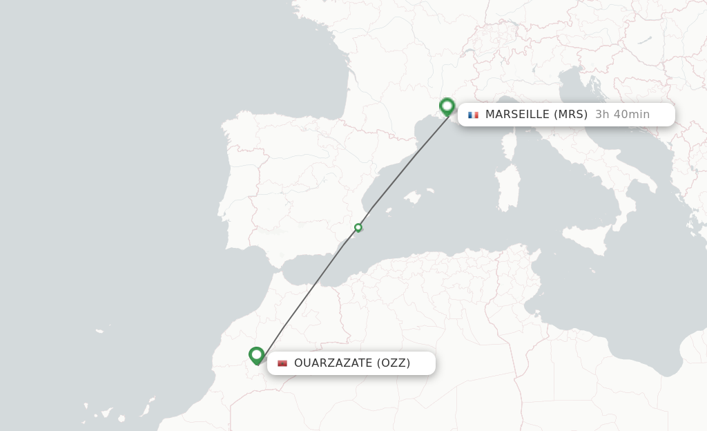 Flights from Ouarzazate to Marseille route map