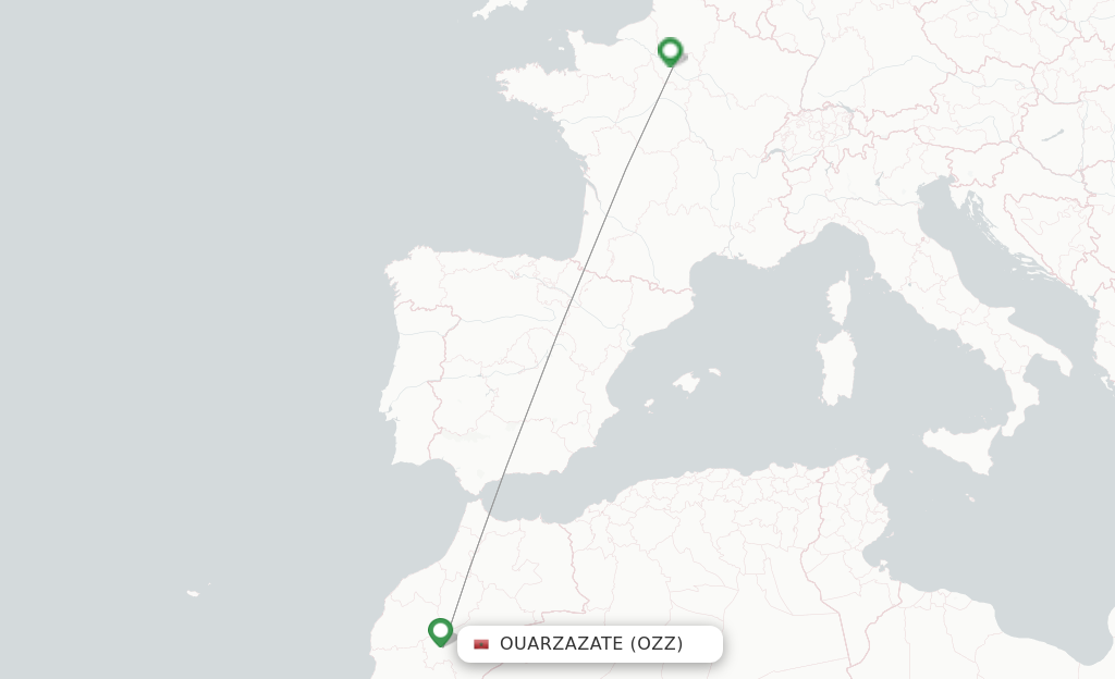 Route map with flights from Ouarzazate with Transavia France