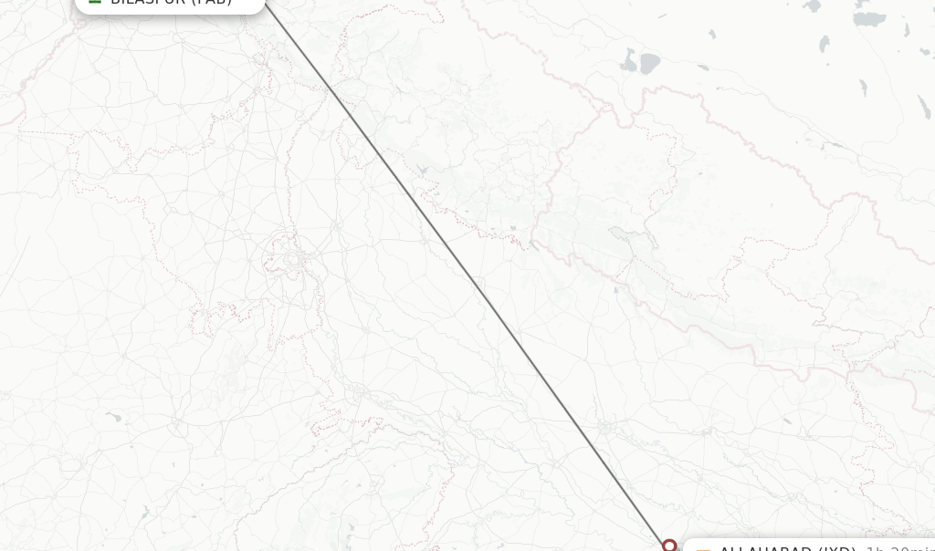 Flights from Bilaspur to Allahabad route map