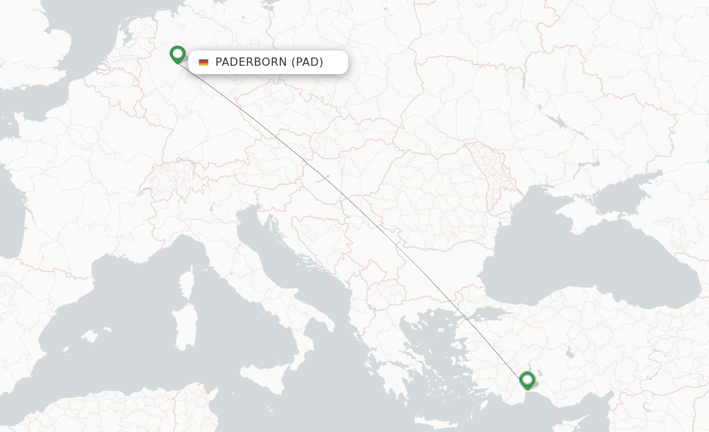 Route map with flights from Paderborn with Pegasus
