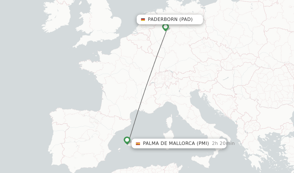 Flights from Paderborn to Palma de Mallorca route map