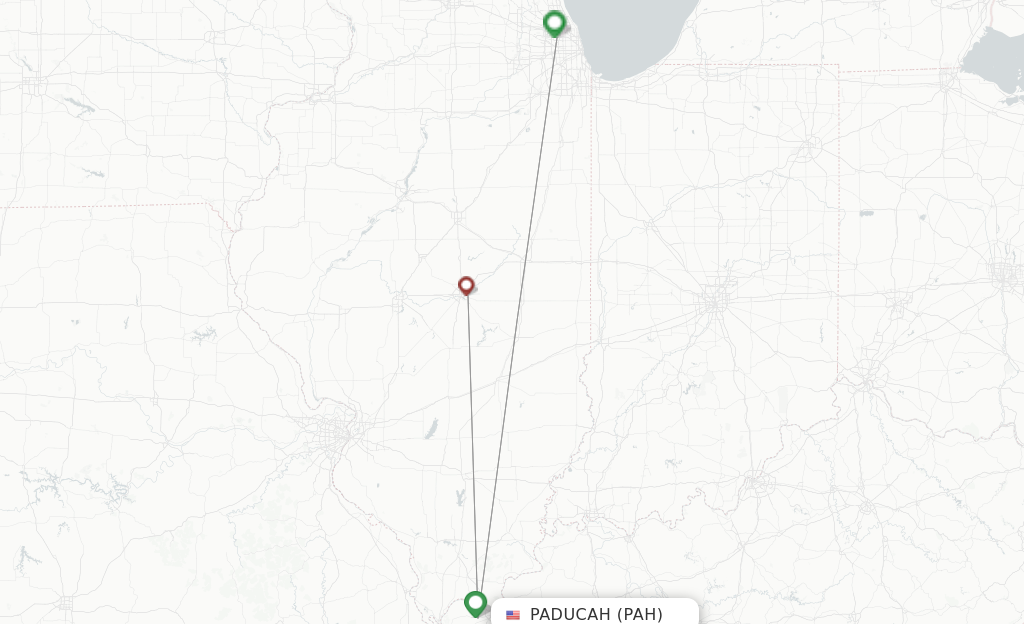 Route map with flights from Paducah with United