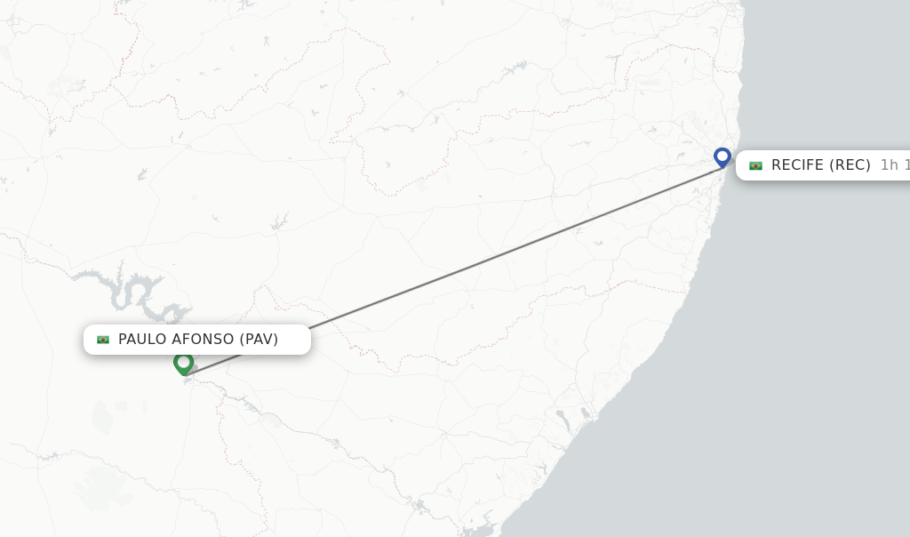 Flights from Paulo Afonso to Recife route map