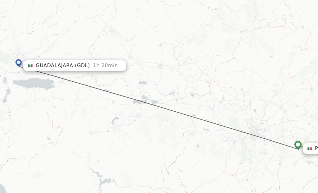 Flights from Puebla to Guadalajara route map