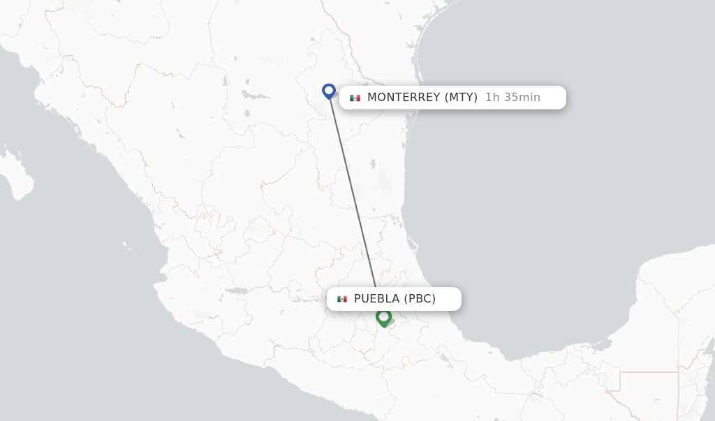 Flights from Puebla to Monterrey route map