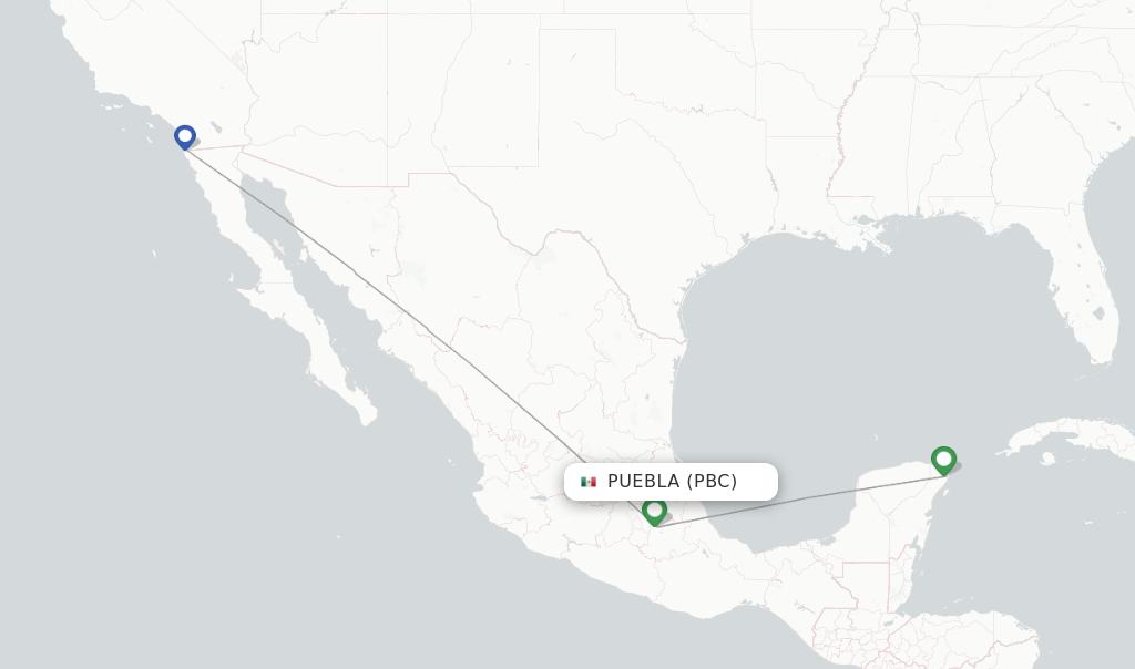 Route map with flights from Puebla with Volaris