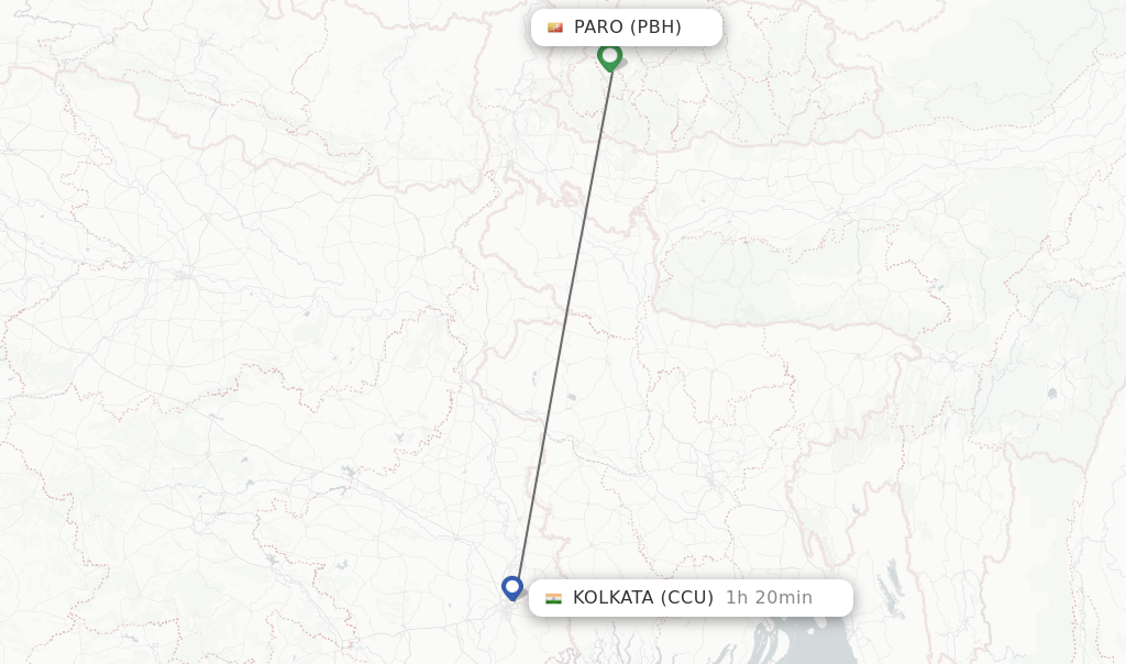 Flights from Paro to Kolkata route map