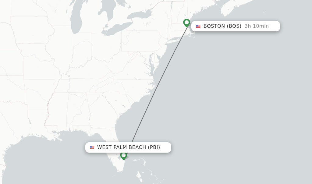 Flights from West Palm Beach to Boston route map