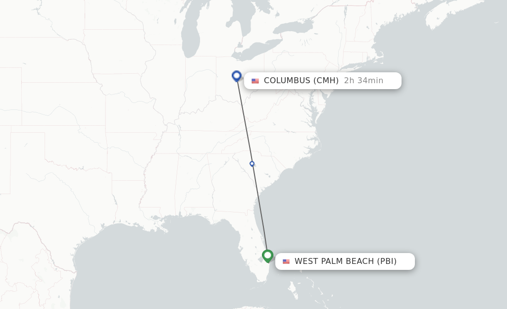 Flights from West Palm Beach to Columbus route map