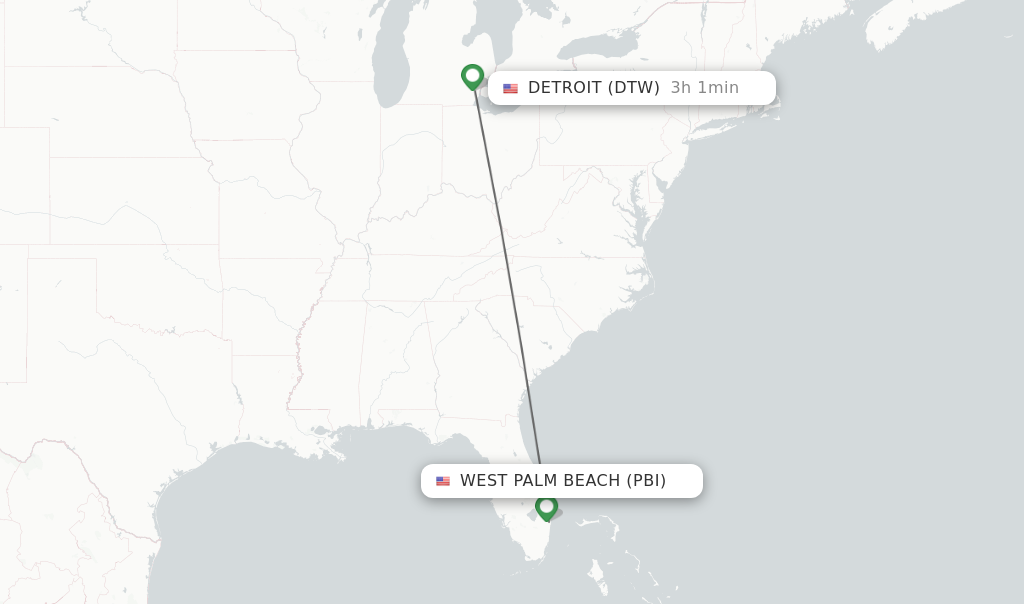 Flights from West Palm Beach to Detroit route map
