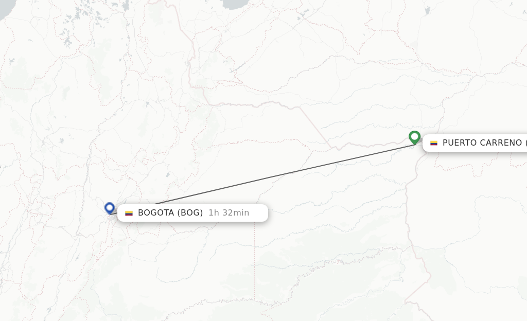 Flights from Puerto Carreno to Bogota route map