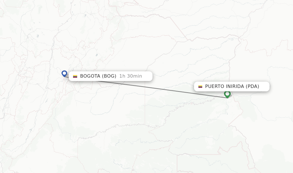 Flights from Puerto Inirida to Bogota route map