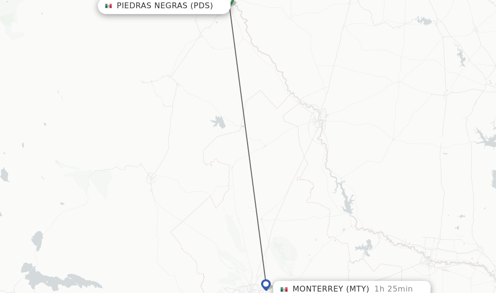 Flights from Piedras Negras to Monterrey route map