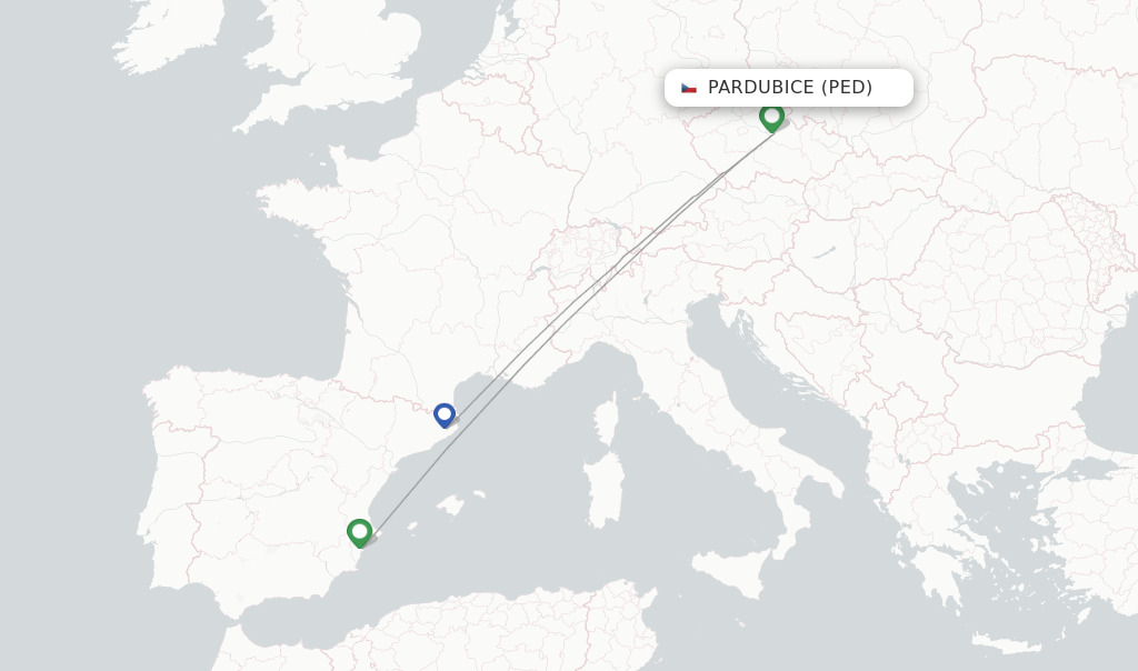 Route map with flights from Pardubice with Ryanair