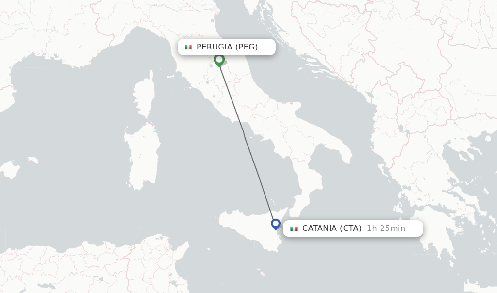 Flights from Perugia to Catania route map