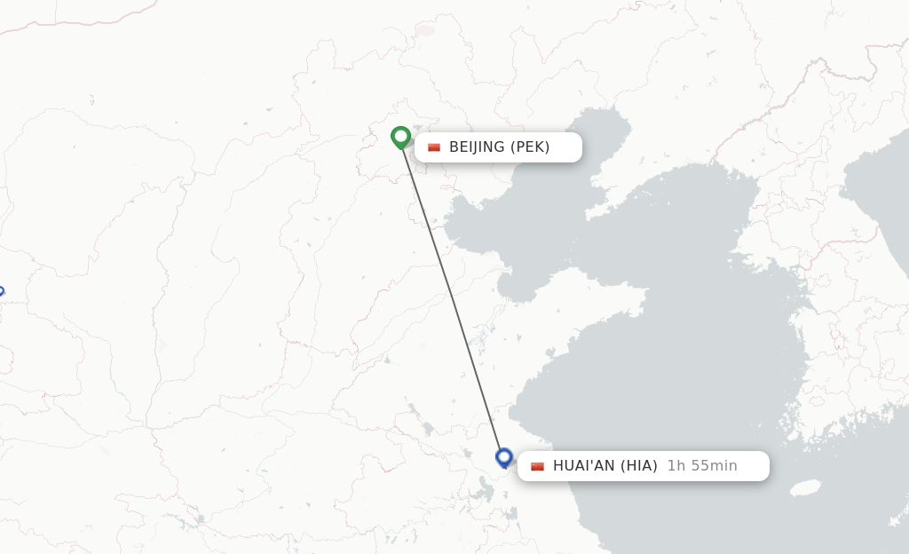Flights from Beijing to Huai'an route map