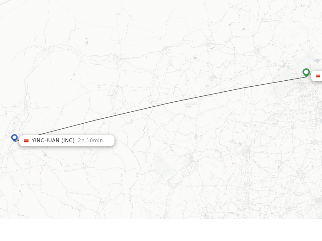 Flights from Beijing to Yinchuan route map