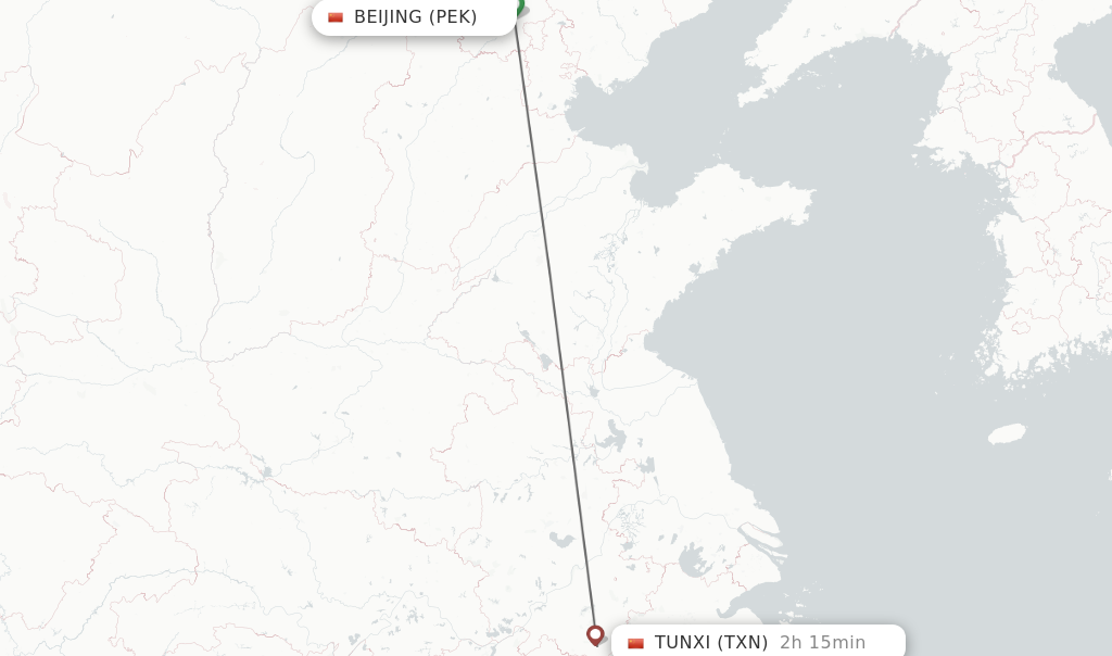 Flights from Beijing to Tunxi route map