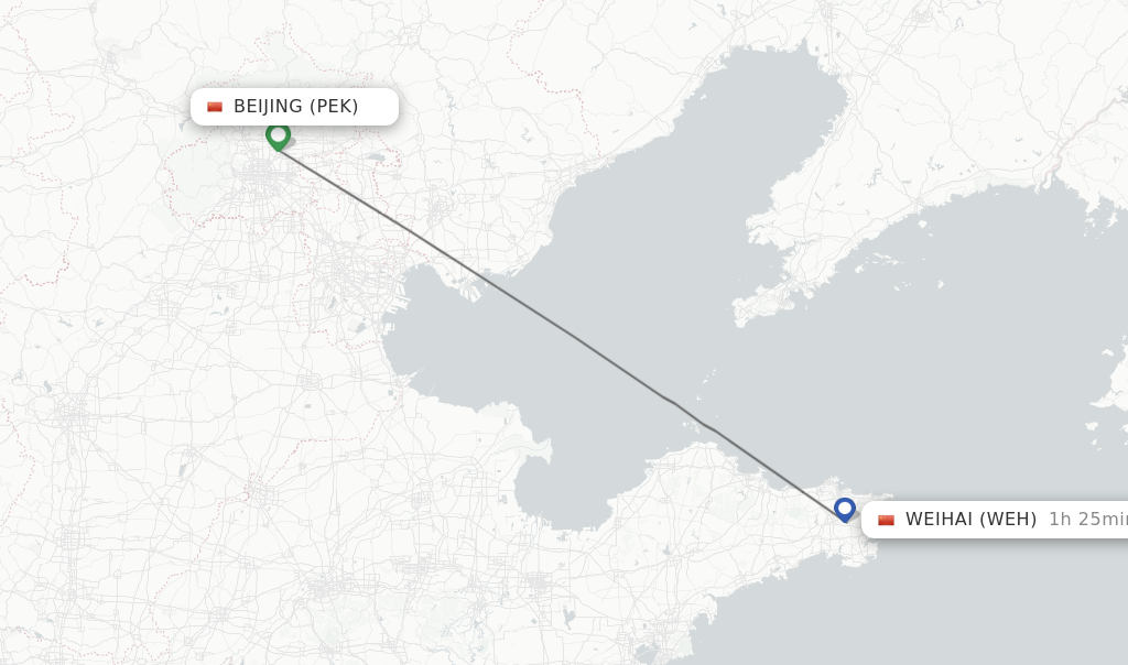 Flights from Beijing to Weihai route map