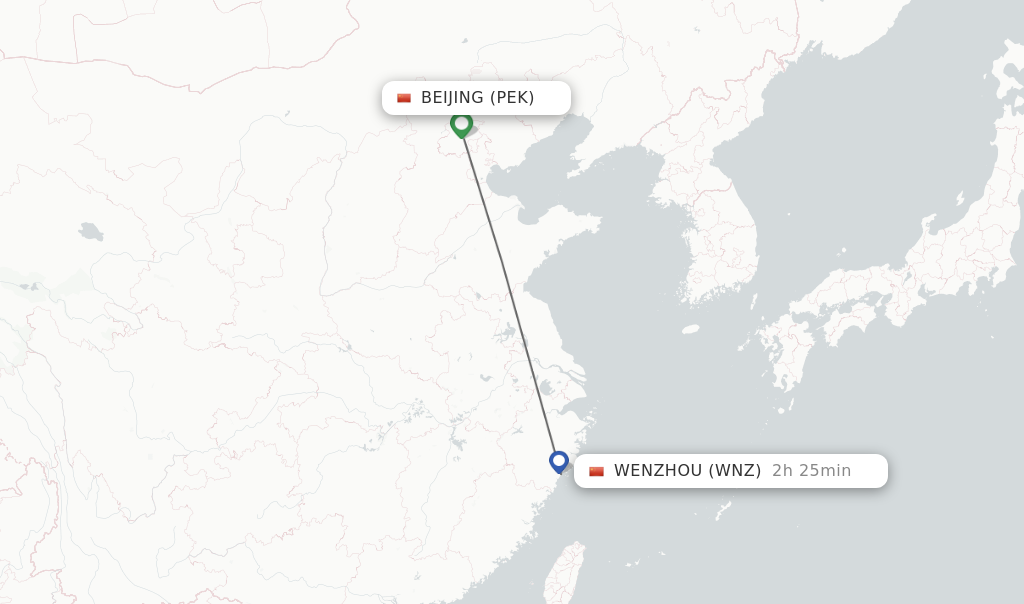 Flights from Beijing to Wenzhou route map