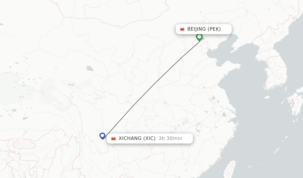 Flights from Beijing to Xichang route map