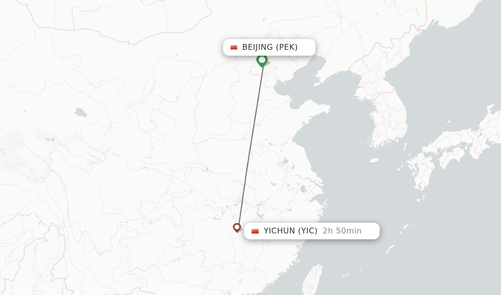 Flights from Beijing to Yichun route map