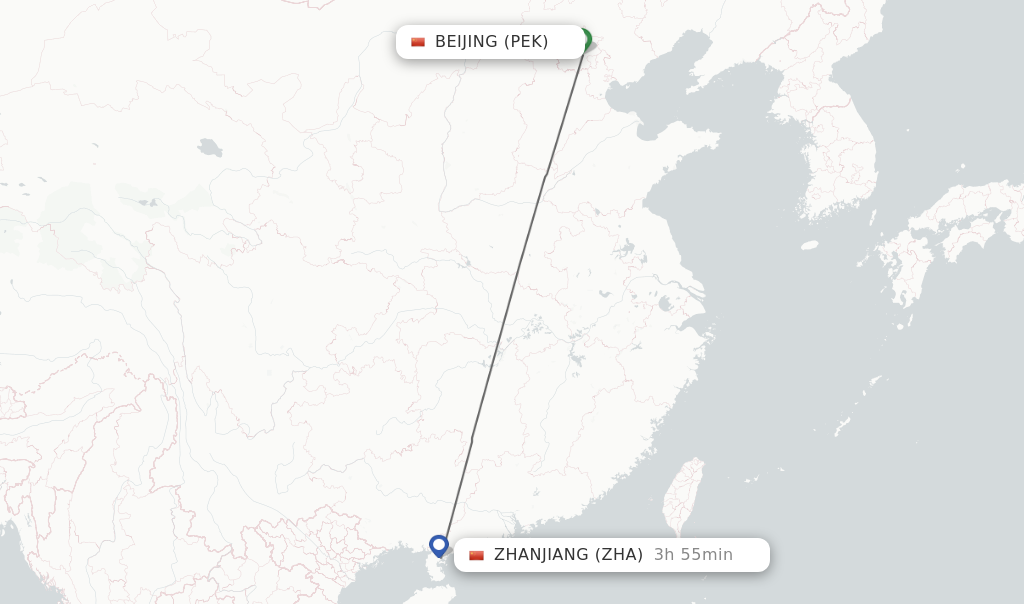 Flights from Beijing to Zhanjiang route map