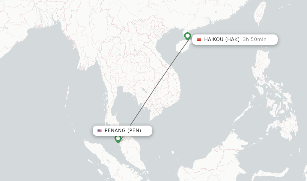 Flights from Penang to Haikou route map