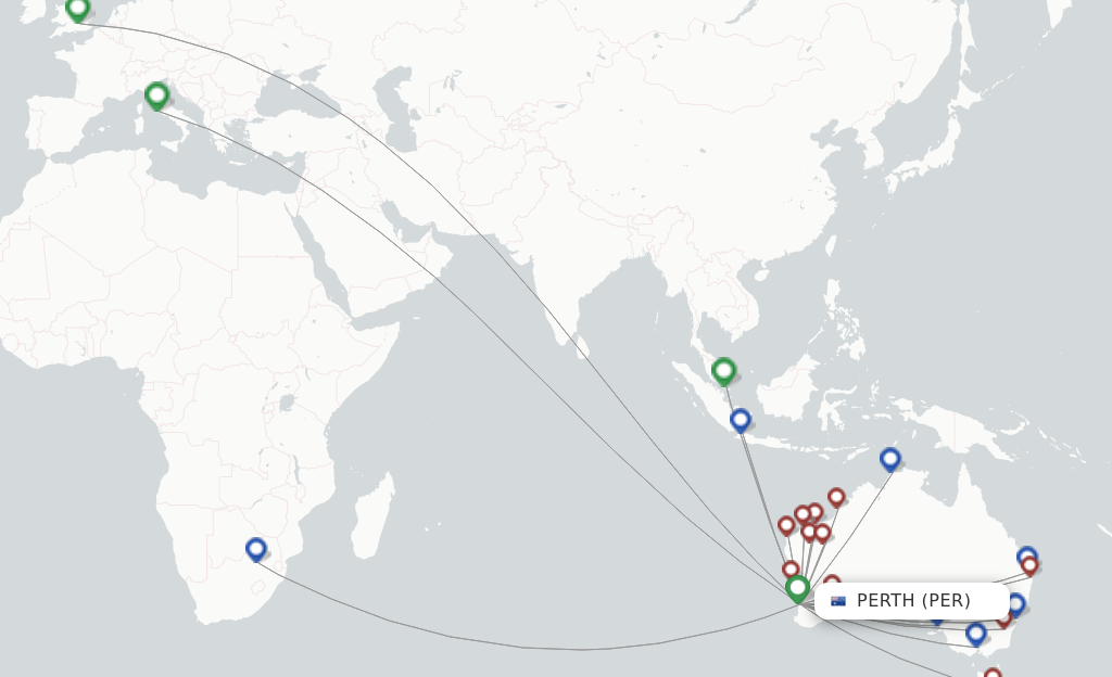 Route map with flights from Perth with Qantas