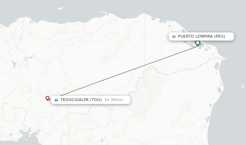 Flights from Puerto Lempira to Tegucigalpa route map