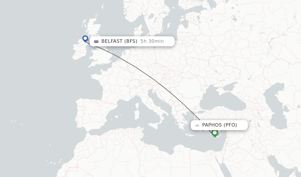 Flights from Paphos to Belfast route map