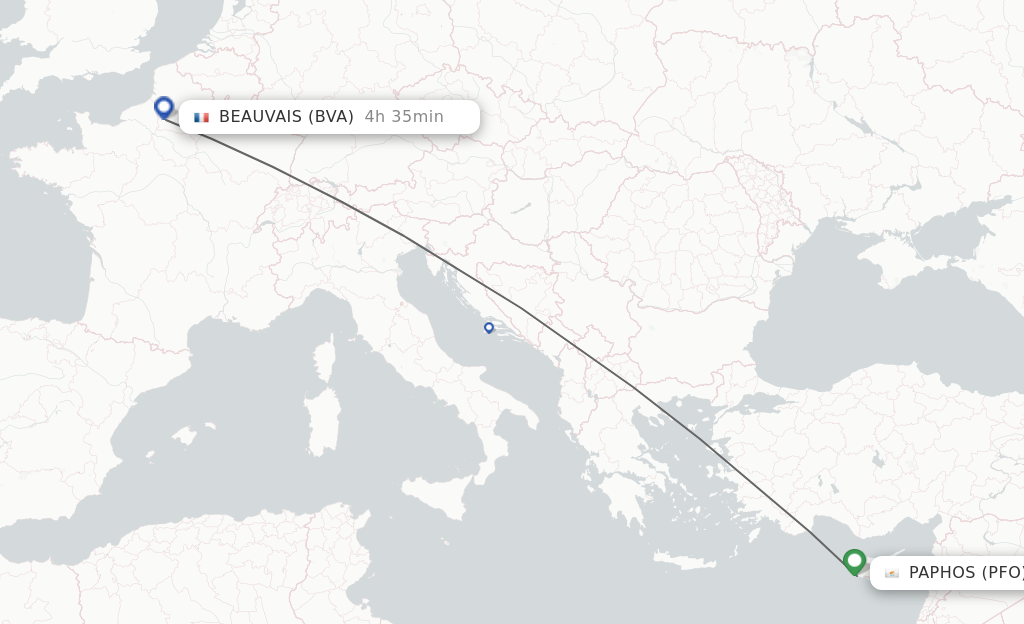 Flights from Paphos to Paris route map
