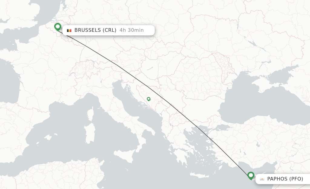 Flights from Paphos to Brussels route map