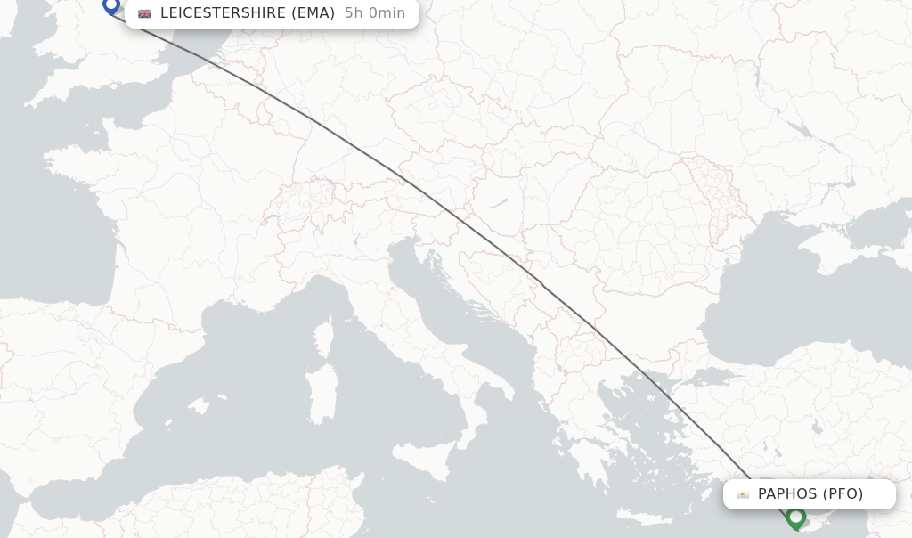 Flights from Paphos to Leicestershire route map