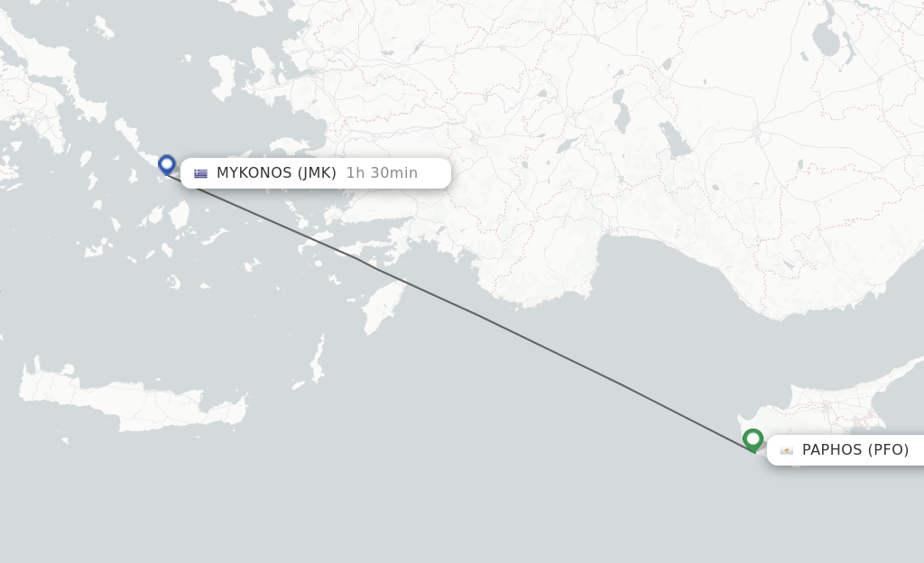 Flights from Paphos to Mykonos route map