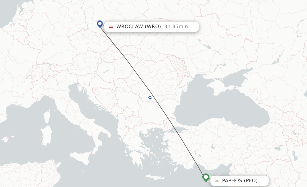 Flights from Paphos to Wroclaw route map