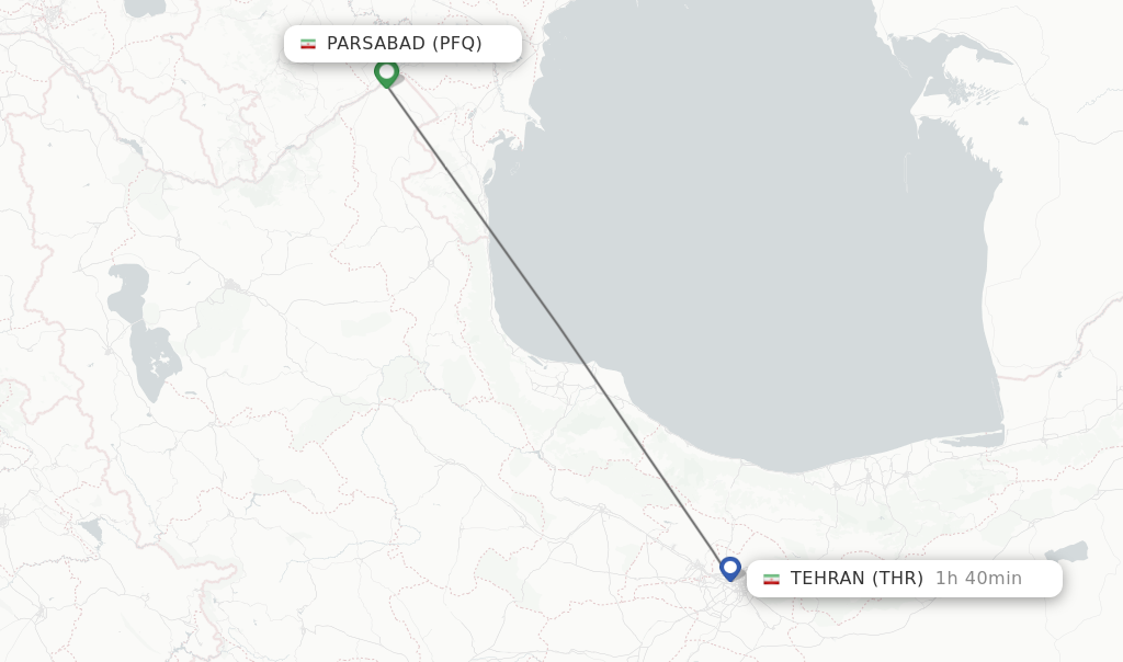 Flights from Parsabad to Tehran route map